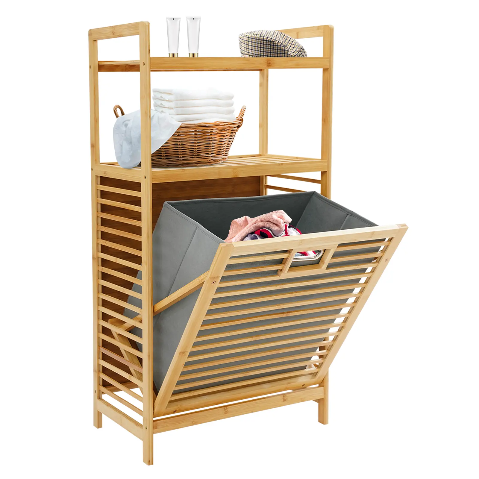 CNCEST Thick Breathable Rectangle Free-Stand Modern Bamboo Laundry Hamper, 3-Tier Oxford Cloth Clothes Organizer with Tilt-Out Basket & Hollow Structure for Laundry Room Storage