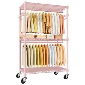 Heavy-Duty Rolling Clothes Rack P1 Pink Pastel Portable Wardrobe with Wheels for Hanging Clothes Organiser,Hold 500lbs Hangable Storage Furniture Organizing
