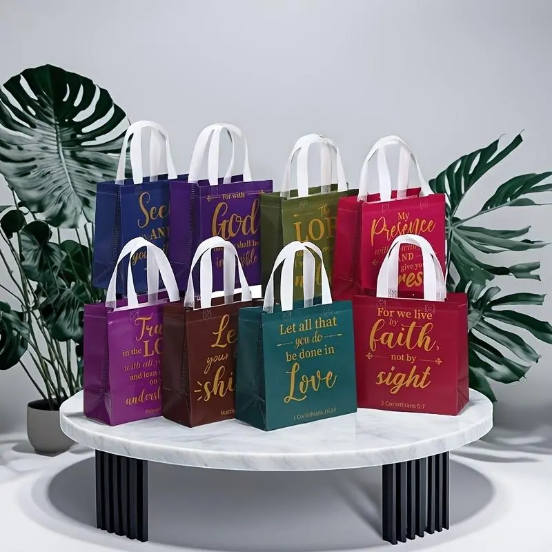 Bible Verse Printed Non-woven Tote Bag, 8 Counts/set Reusable Religious Gift Bag with Handle, Gift Wrapping Supplies for Christian Baptism, Birthday Wedding Party Packaging, Wedding Favors