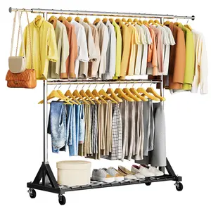Heavy Duty Clothes Rack Load 600 LBS, Double Rod Clothing Rack, Rolling Garment Racks with Lockable Wheels, Shelves, Adjustable Laundry Hanging Racks for Clothes