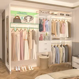 96" Closet System with 2 Wooden Drawers, 4-8ft Walk-in Closet Organizer System with 4 Hanging Rods, Adjustable Heavy Duty Wardrobe Clothes Rack, Garment Rack