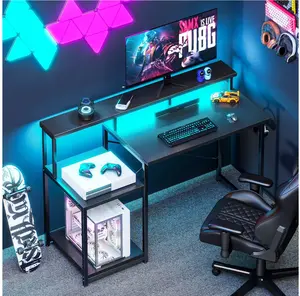48 Inch Computer Desk with Monitor Stand, Gaming Desk with LED Lights, Printer Shelf for Home Office, Storage Shelf, Black