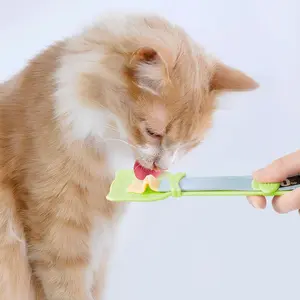 Cat Lickable Treat Spoon & Squeezer Tool, Cute Wet Food Dispenser with Sliding Pusher, Plastic Biting-Preventing Puree Feeding Strip Feeder