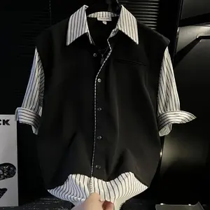 Summer Men's Patchwork Striped New Short-sleeved Shirt Fake Two-piece Design Casual Loose Versatile Shirt