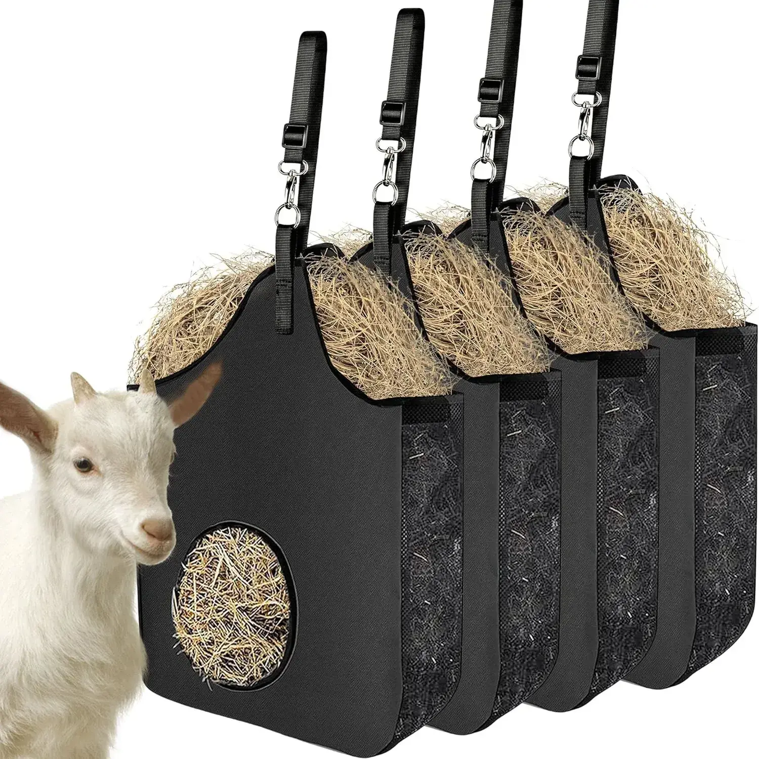 4-Pcs Horse Slow Feeder Hay Bags, High-Quality Oxford Fabric, Metal Ring, Adjustable Strap, Waterproof, Aging-Resistant, Easy to Use, 19.7x17.7x6in Black Farm Animal Feeding Tote for Outdoors Trees, Prevents Hay Spillage