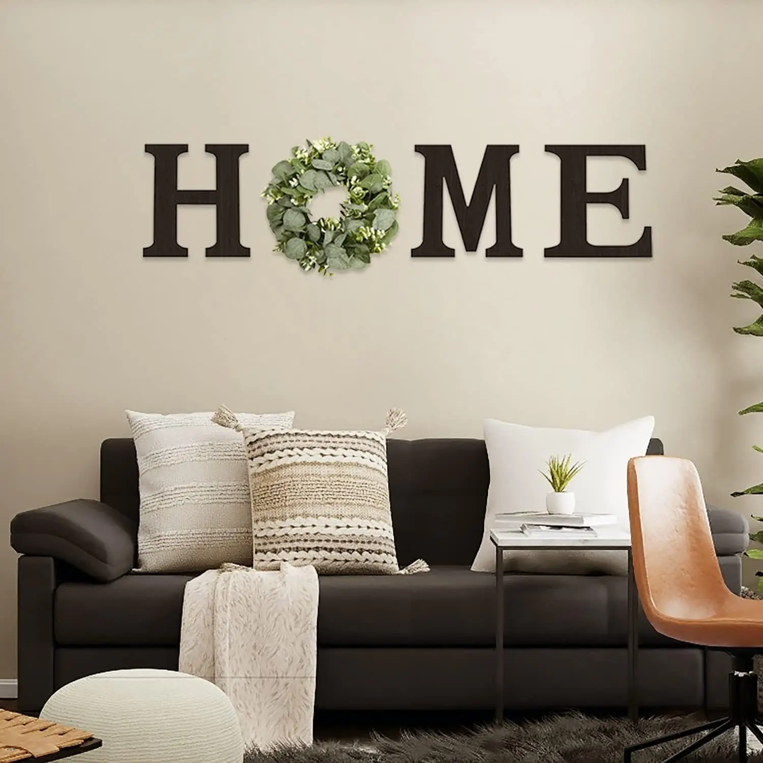 4 Pack Rustic Home Sign Wall Decor with Artificial Eucalyptus Wreath,Solid Wood Letters for Living Room Farmhouse Home Decorations,Halloween Christmas Party Fathersdaygift,Home Supplies