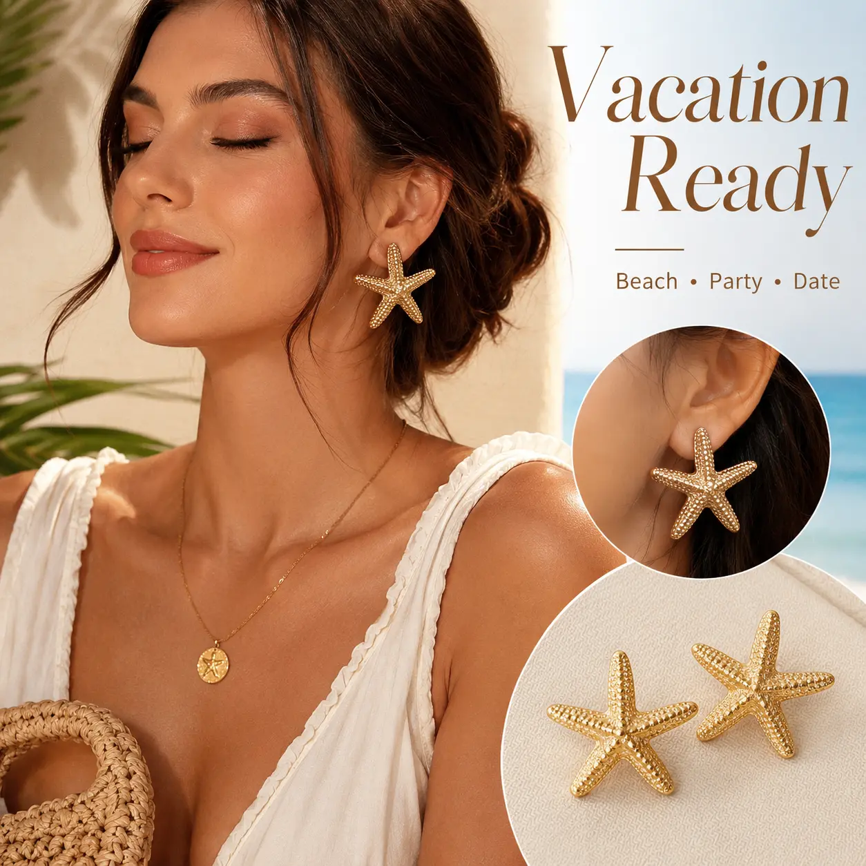 Oversized Textured Starfish Stud Earrings for Women, Alloy Sea Animal Beach Vacation Ear Jewelry, Gold Silver Two Tone Large Coastal Statement Earrings for Summer Party Travel Holiday Gift