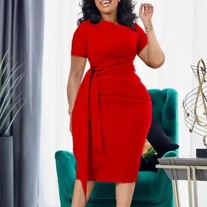 D3210 Women's Red Dress - Short Sleeve, Ruched Design, Tie Strap & Asymmetrical Neck | Elegant European American Style Dress for Formal Workwear