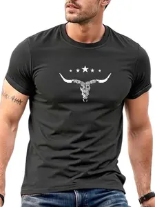 Men's Western Cow Print Short Sleeve T-Shirt, Slim Fit Breathable Summer Casual Streetwear, Loose-Fitting Long Top Without Collar, Casual Fashion Wear