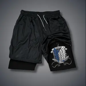 Attack On Titan 80s 90s Double-Layer Sports Shorts Graphic Shorts Black Camo Streetwear Shorts Men Outfits Men Vacation Outfits Shorts