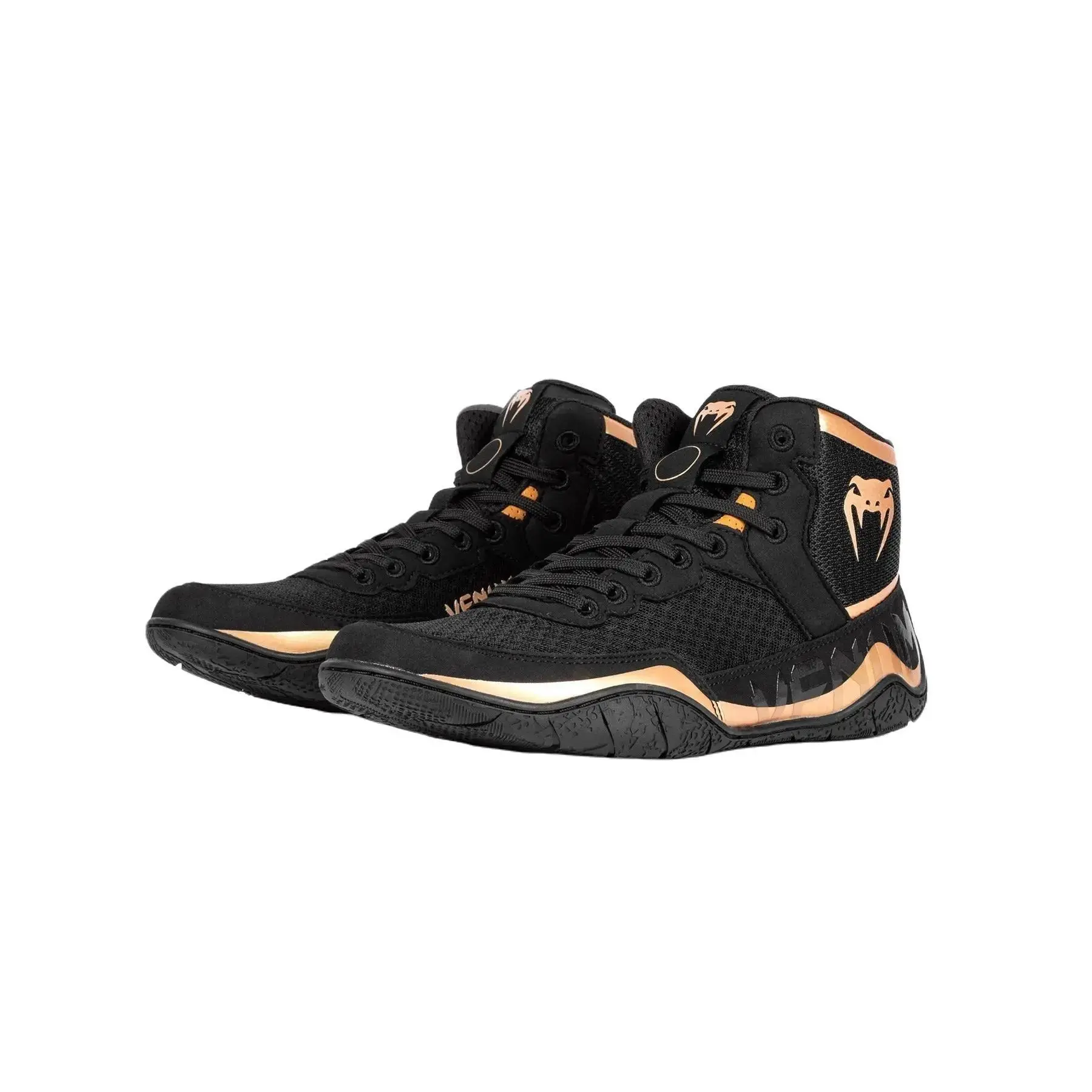 Venum Elite Wrestling Training Shoes - Black/Bronze, Low-Mid Cut Lightweight Gym Workout Sneakers with No Laces, Rubber Sole