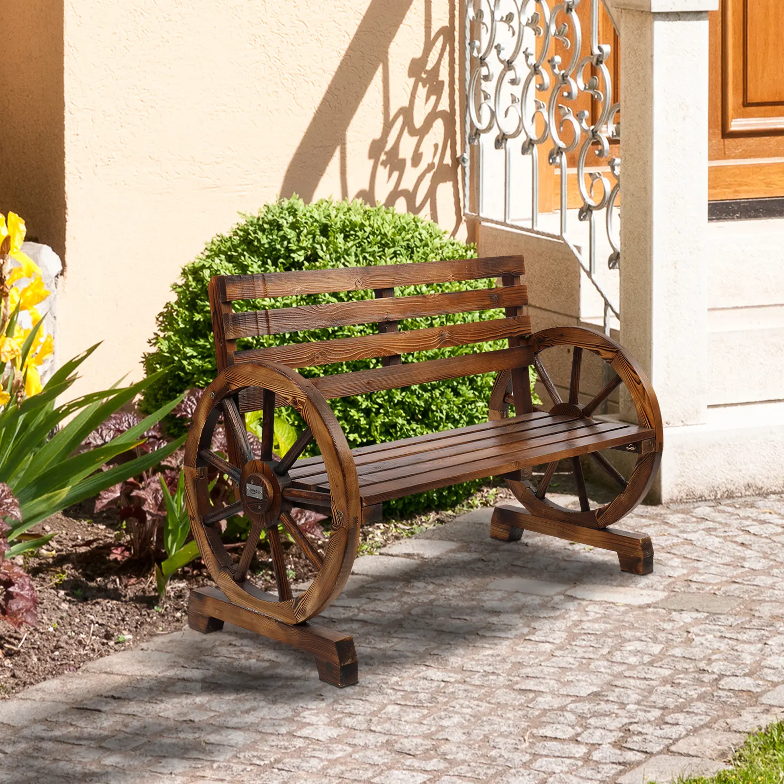Rustic Patio Bench - 2-Person Solid Fir Wood Bench with Large Slatted Back, Wagon Wheel Seat, Assembly Required for Outdoor Garden