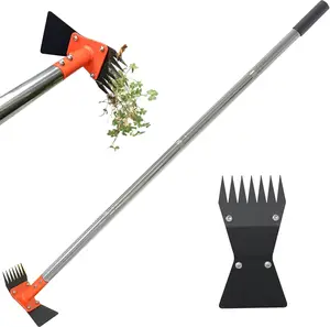 2-in-1 Weed Puller Rake and Garden Hoe, 60Inch Adjustable Long Handle Weeding Tool Heavy Duty Spring Steel Head with Sand Grain Coating, Weed Remover for Garden, Yard, Lawn, No Bend