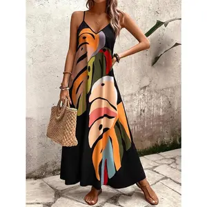[All-Season Polyester Maxi Dress] Elegant V-Neck Slingback Maxi Dress, Geometric Print, Polyester Knit Fabric, for Adults, All-Season Casual Womenswear Summer Chic Sleeveless Spaghetti Strap