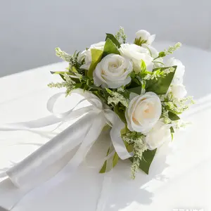 Forest Wedding Bouquet, Artificial White Rose Bridal Handheld Flowers for Ceremony, Bridesmaid, Flower Girl Decor Decorative Leaf Lightweight Gift Plants