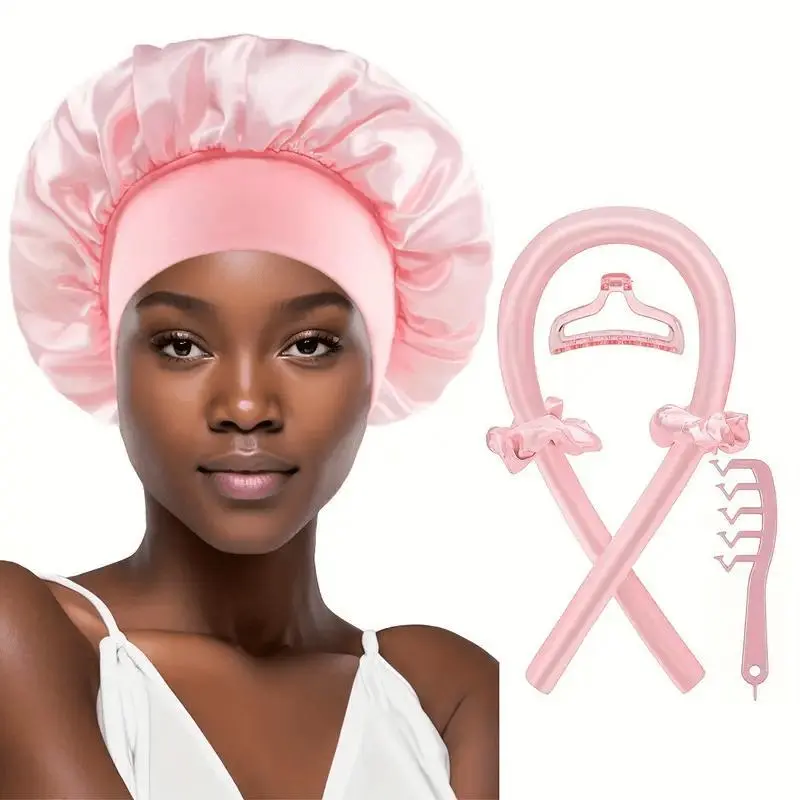Women's 6PCS Curly Hair Styling Kit - Satin Cap, EVA Foam Rollers for Overnight Salon Waves, No Heat Damage (Bag Accessories Charm/Twillie Companion), Heatless Curlers, Overnight Curl Rods, Wavy Curly Kit, Sleep Cap, Heatless Styling Tools, Wavy Styling K