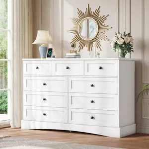 The White Dresser for Bedroom with 9 Drawers, 51.2" Large Drawer Dressers with Charging Station, Wide Farmhouse Dressers Chest of Drawers, Wooden Storage Tower Organizer, Dresser for Bedroom Closet