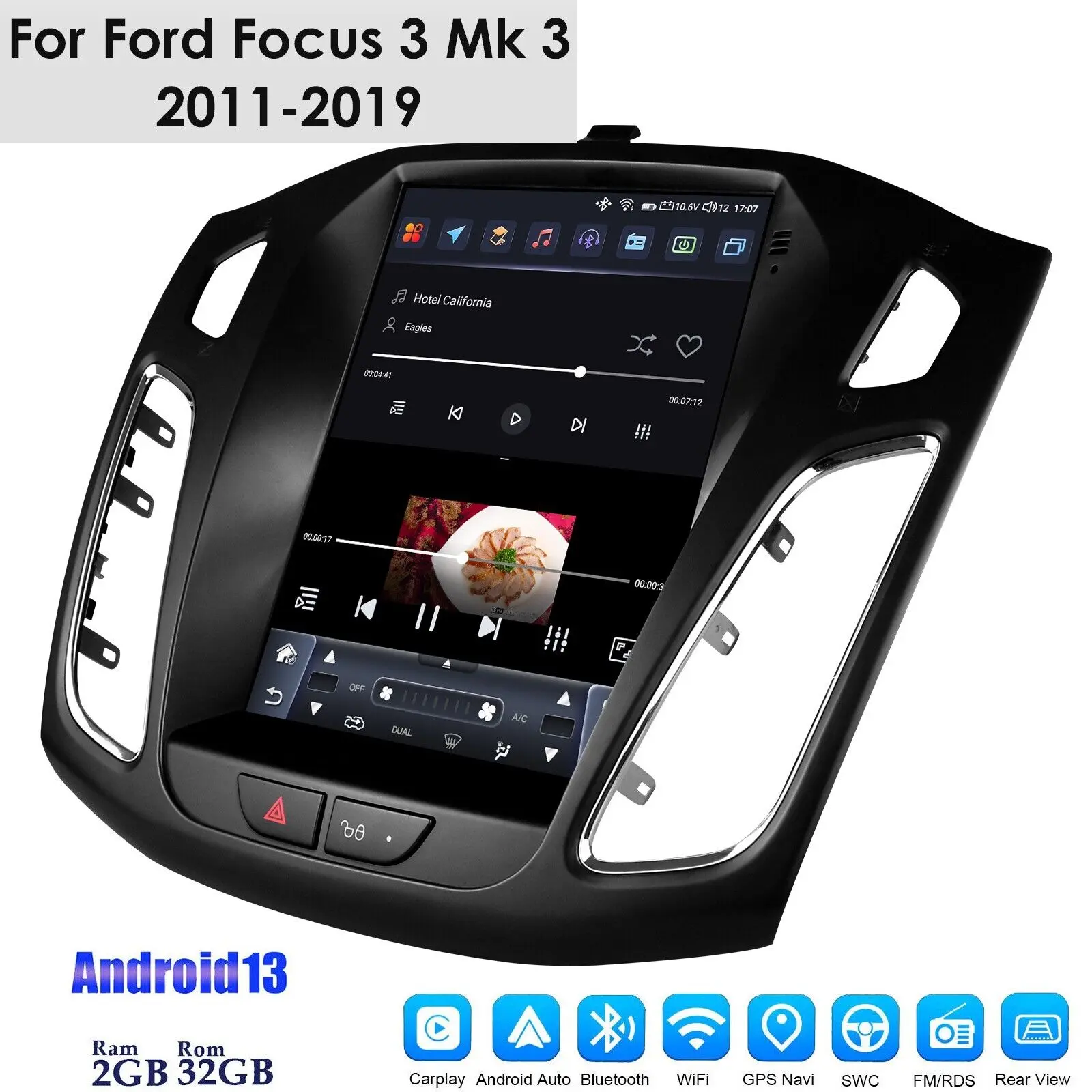 [Hizpo] 9.7in 2-Din Android 13 Car Video Player with Allwinner A100 Quad Core, DDR3 2GB Flash, LED Backlit Touchscreen, Mirror Link, Android Auto, CarPlay, WiFi, Bluetooth, Steering Wheel Control, Rear View Camera Input for Ford Focus 3 MK3 2011-2019