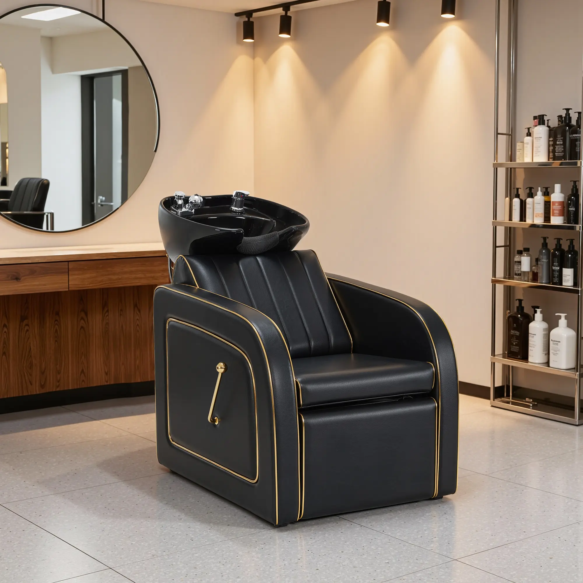 BarberPub Luxury Backwash Shampoo Station Set - Adjustable Porcelain Shampoo Basin (Adjustable Bowl), 330lb Capacity Ergo Arms PVC Leather Comfort Chair for Professional Hair Salons 9175, Rectangular Seat