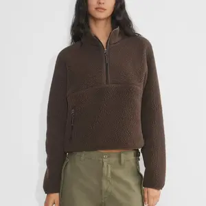 MaLinfandor Womens Fleece Sweatshirts Cropped Half Zip Fuzzy Warm Sherpa Pullover Varsity Jackets with Zipper Pockets