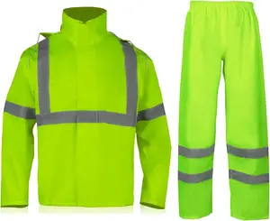 Hi Vis Rain Jacket Suit and Pants for Men Waterproof Class 3 High Visibility Safety Rain Gear Raincoat(L/XL)