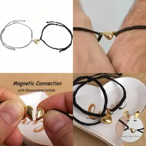 Matching Bracelet for Couples Magnetic with Personalized Initials - Adjustable Cord & Heart Charm - Perfect for Couples