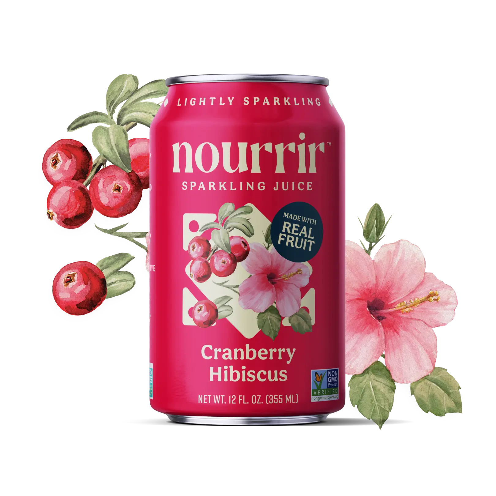 Nourrir Sparkling Juice Cranberry Hibiscus 12 FL OZ (355 mL) - Made with Real Fruit, Tart Cranberries & Organic Hibiscus Tea - Beverage