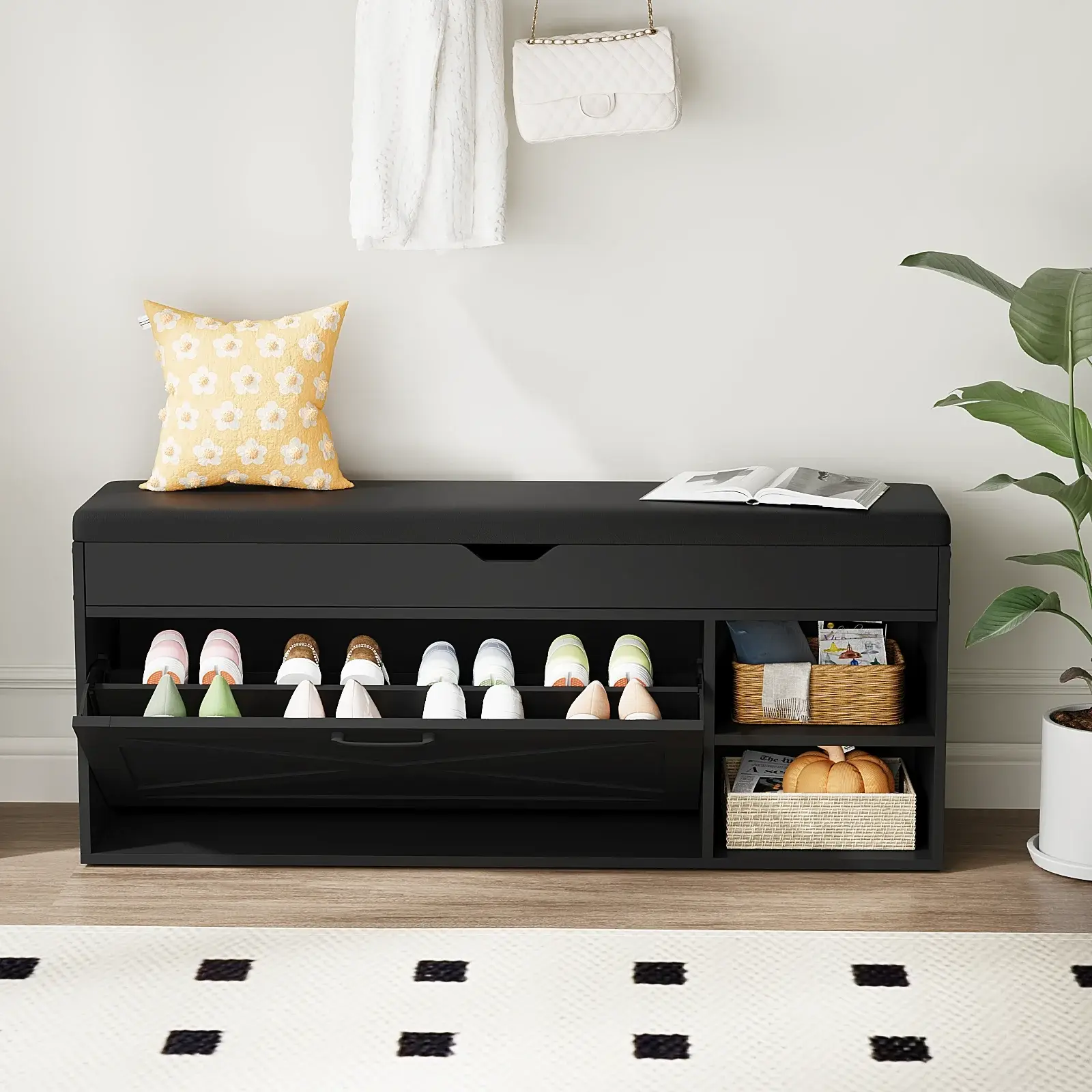 Entryway Shoe Bench Cabinet - 1 Flip Drawer and 2 Compartments for Organized Storage