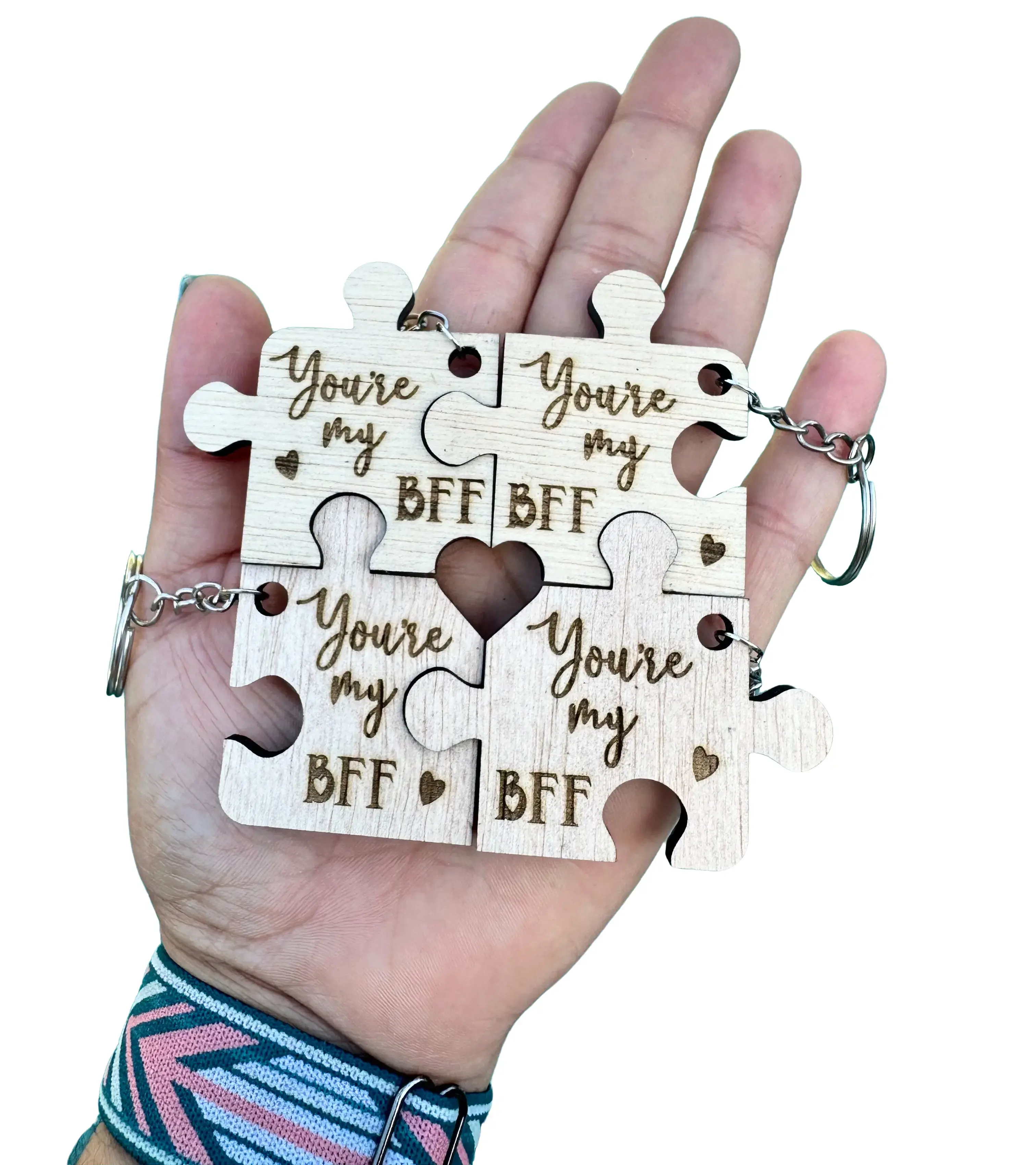 Personalized Wood Puzzle Piece Keychain - You're My BFF Design with Custom Names or Initials Unique Friendship Gift for Special Bonds Unbreakable Bond in Every Piece