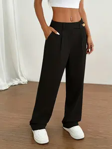 Elegant Plus Size Women's Suit Pants, Casual Loose Pants, Commuter Pocket Long Straight Trousers, Bottom, Womenswear, Spring Summer Fall Winter Wear, Stylish Office Casual Apparel