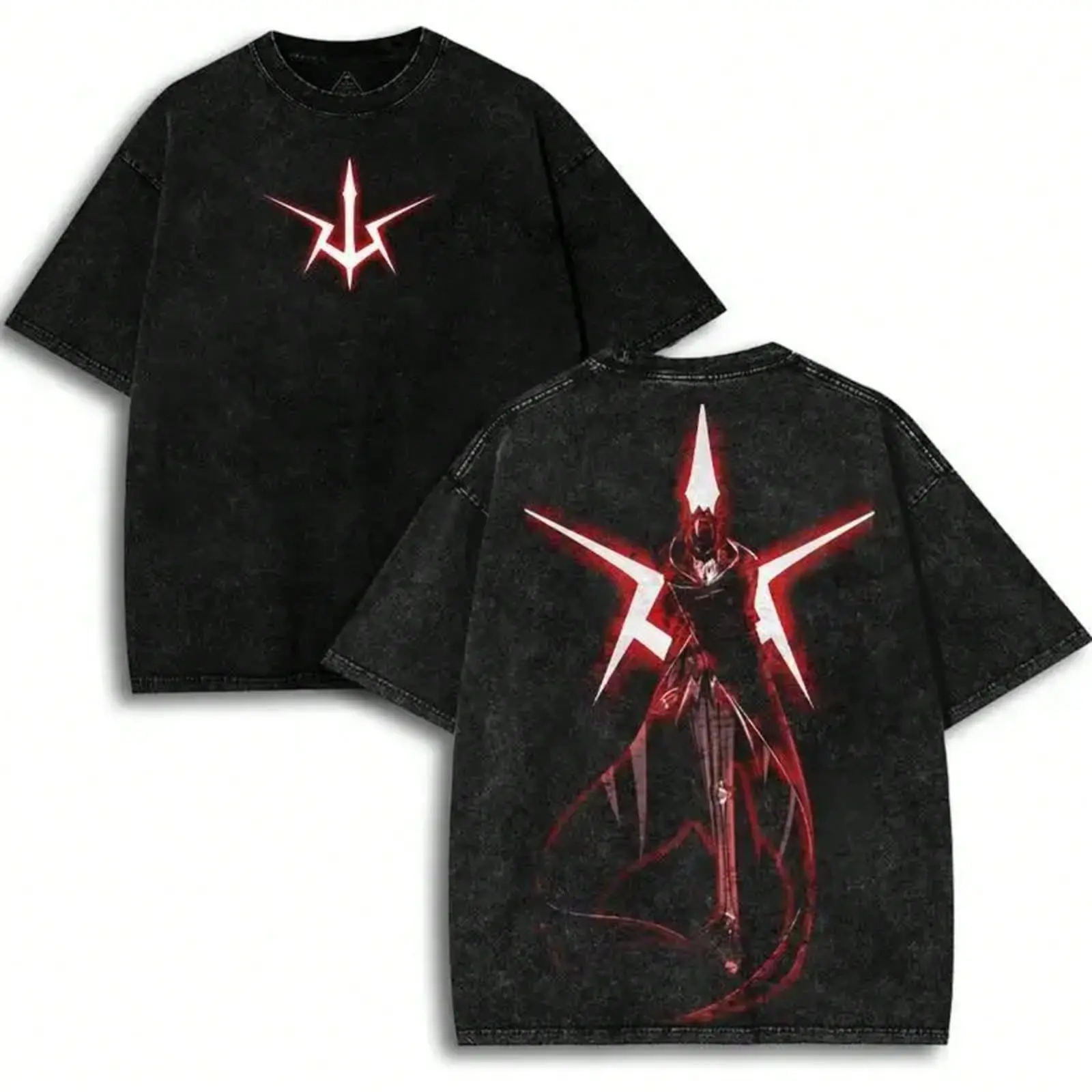 Unisex Vintage Acid Washed Code Geass Zero Lelouch Double Sided Print Cotton T Shirt Wasteland Punk Street Short Sleeve Top Suitable for Daily Campus Outdoor Anime Convention Weekend Trip Ideal Birthday Gift and Casual Outfit for Manga Anime Fans