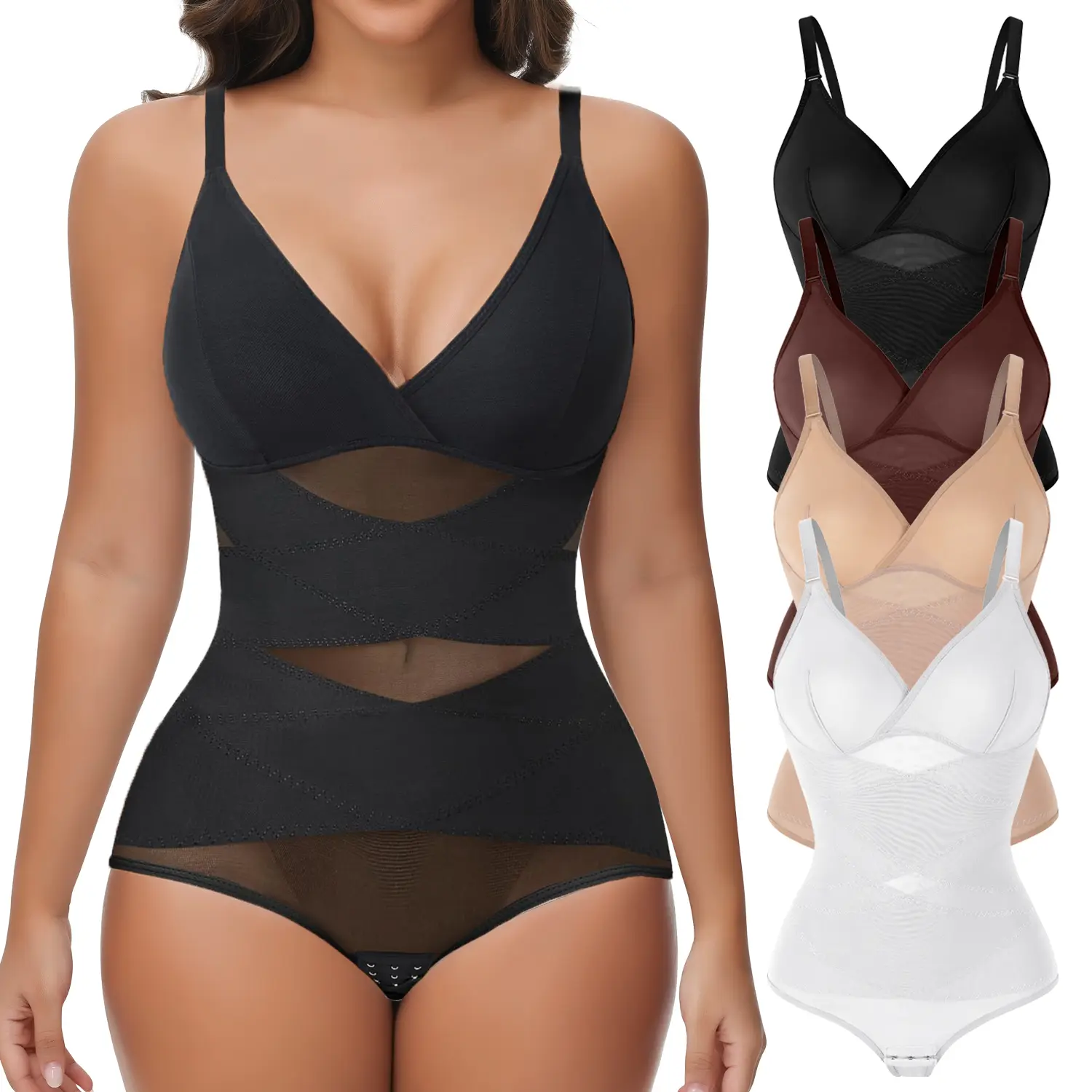 Women's Tummy Control Shapewear Bodysuit, Casual V-Neck Sleeveless Top with High Stretch Nylon and Breathable Mesh Panels