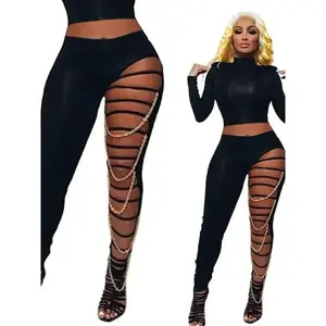 Women's black leggings with chain decoration - sexy hollow ripple design, mid waist, elastic full-length pants, polyester fiber, machine washable women's underwearRAIMENTRY