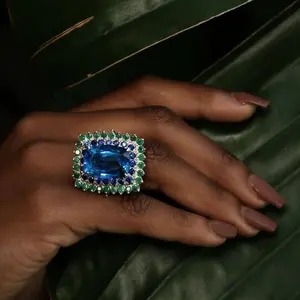 13ct Blue Topaz With Natural Green Emerald & Blue Sapphire Cocktail Ring