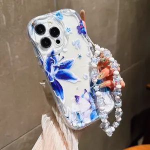 Blue Bow Butterflies Phone Case for Apple iPhone 14 Pro Max 13 12 11 Pro Max XR XS Max Soft Silicone Wave Edge Design with Fashion Lanyard