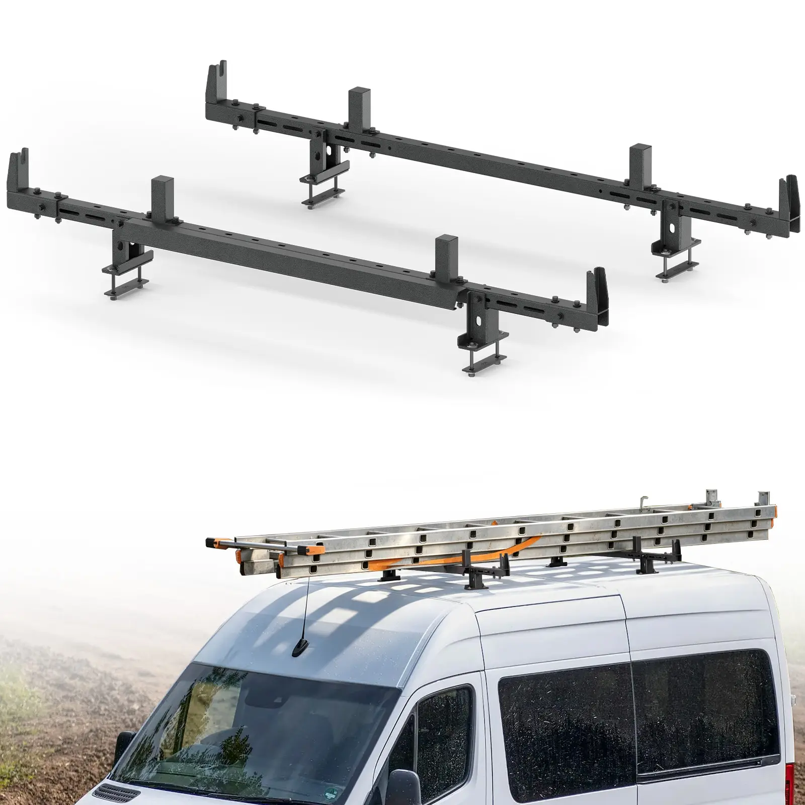 【EYOUHZ】Universal 65.4” Van Ladder Rack, 300 LBS Load Capacity | Drill-On Ladder Stops, Roof Ladder Holder Fits Ram ProMaster Ford Transit Sprinter Cargo Van for Tools, Lumber, Cargo