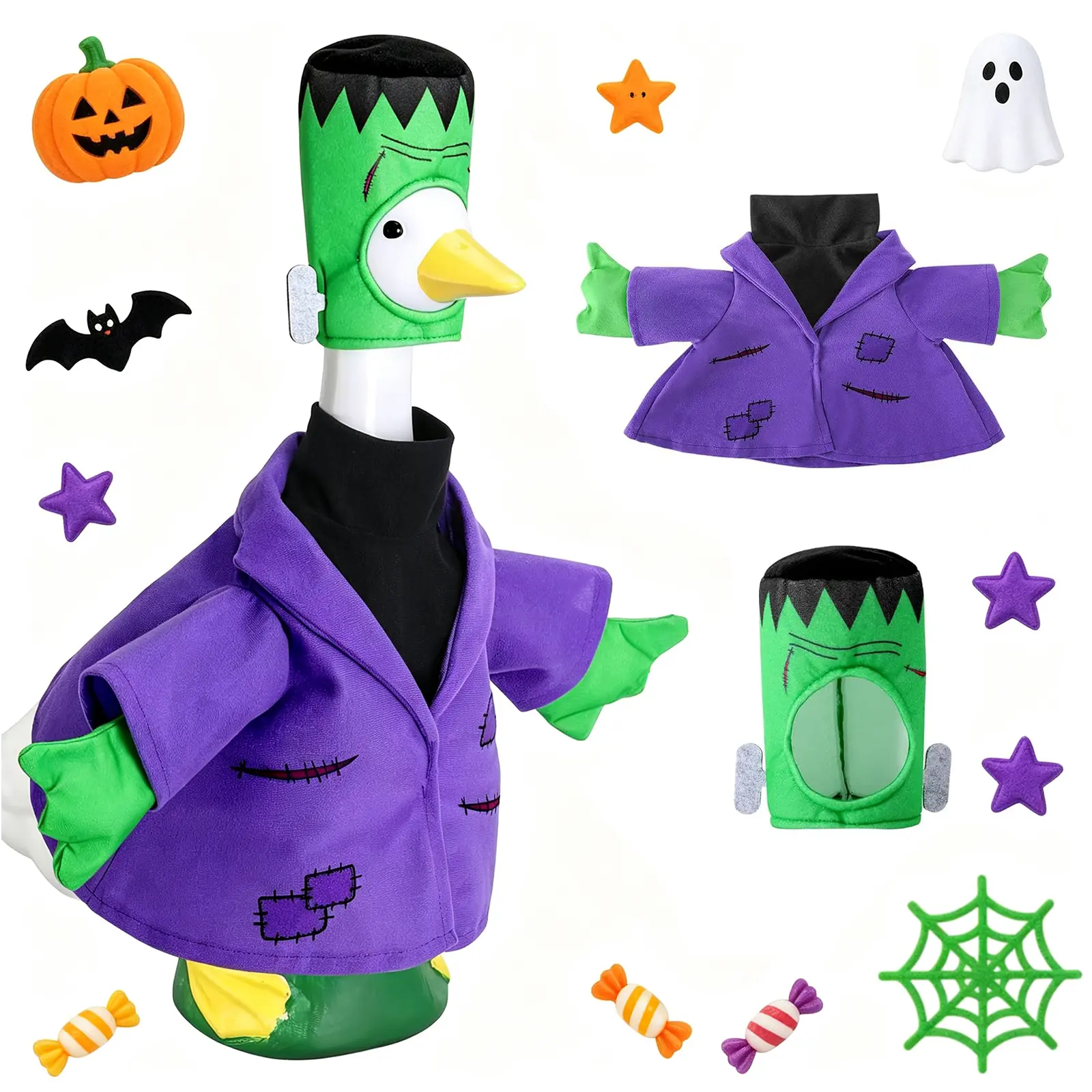 2 Pcs Halloween Frankenstein Goose Costume for 23 Inch Porch Goose Statue Monster Lawn Goose Outfit with Frankenstein Hat, Purple Stitched Monster Coat Halloween Fall Outdoor Yard Patio Garden Decorations