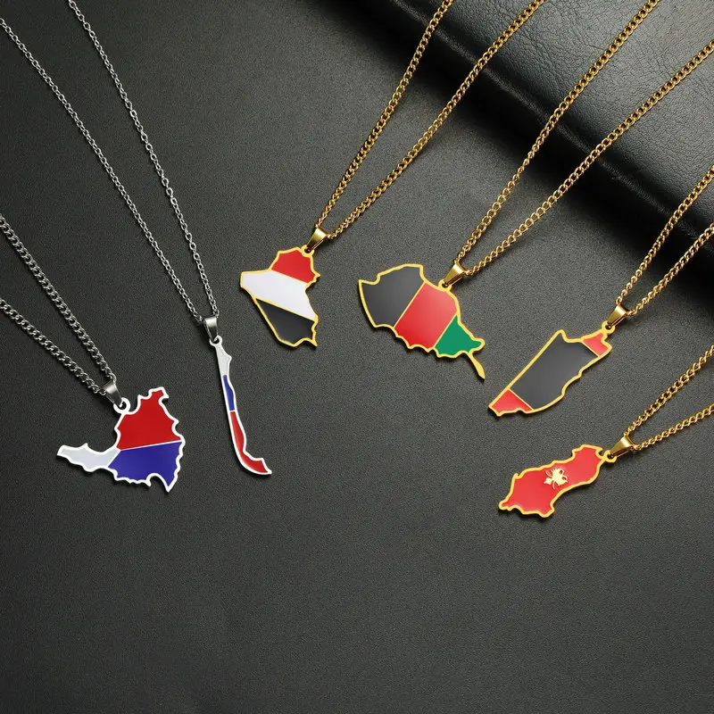 Adults' Stainless Steel Collarbone Chain - World Map Necklace with European, American Country Maps, Oil Drop Design & African Flag Pendant, Male, Female, Europe Necklace, Unisex, European And American Country Maps