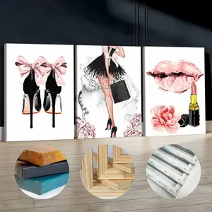 3Pcs Wooden Framed Canvas Painting, Fashion Girl Lips Shoes And Flowers Painting, Exquisite Poster, Home Decoration, Pattern Wall Art Decor, For Living Room, Bedroom, Office, Restaurant, Bar Wall Decor, Odorless, Painting, Print Artwork.