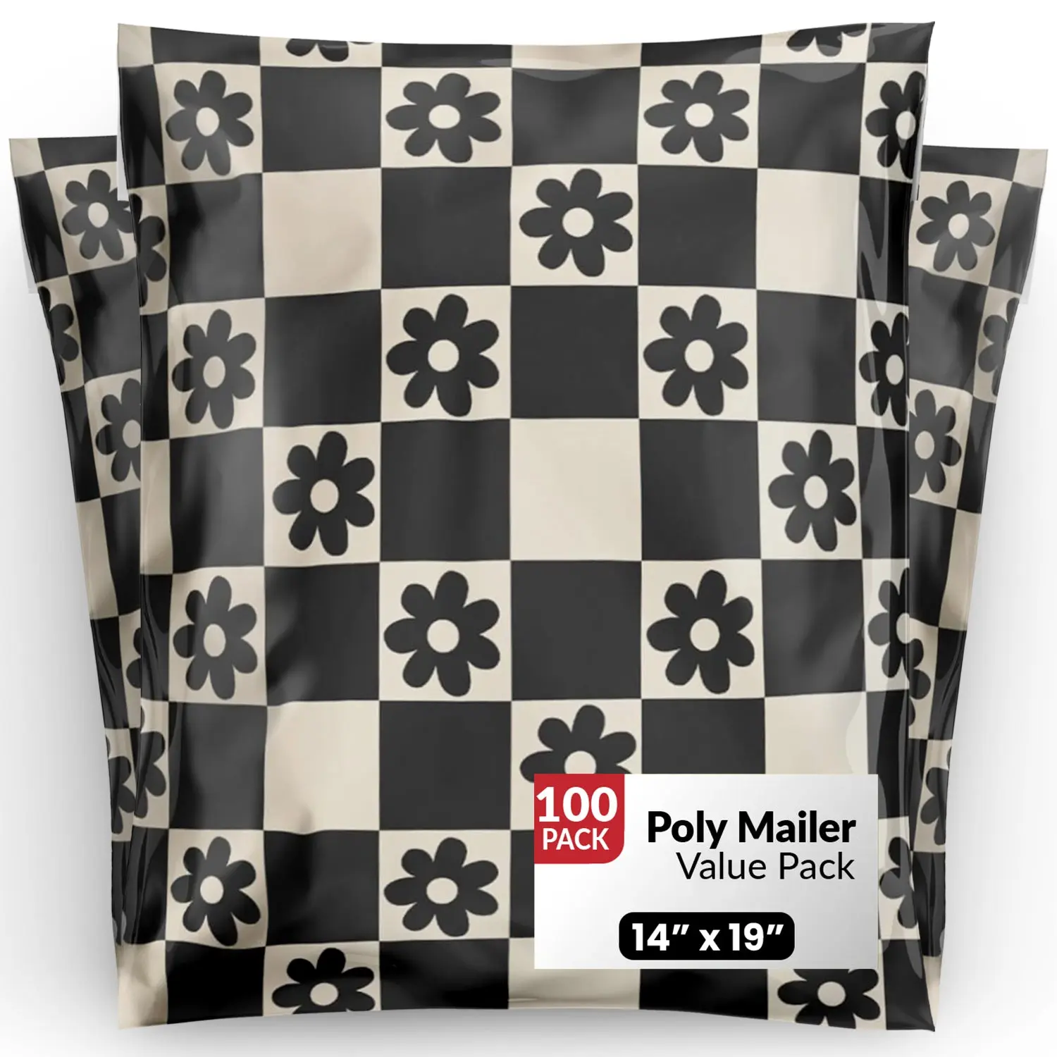 Package Mint 14x19 Poly Mailers - 100 Pack Daisy Checkerboard Design Poly Mailers Shipping Bags - Waterproof, Tear-Resistant, Self-Adhesive Seal - Decorative Mailing Bags for Clothes, Accessories