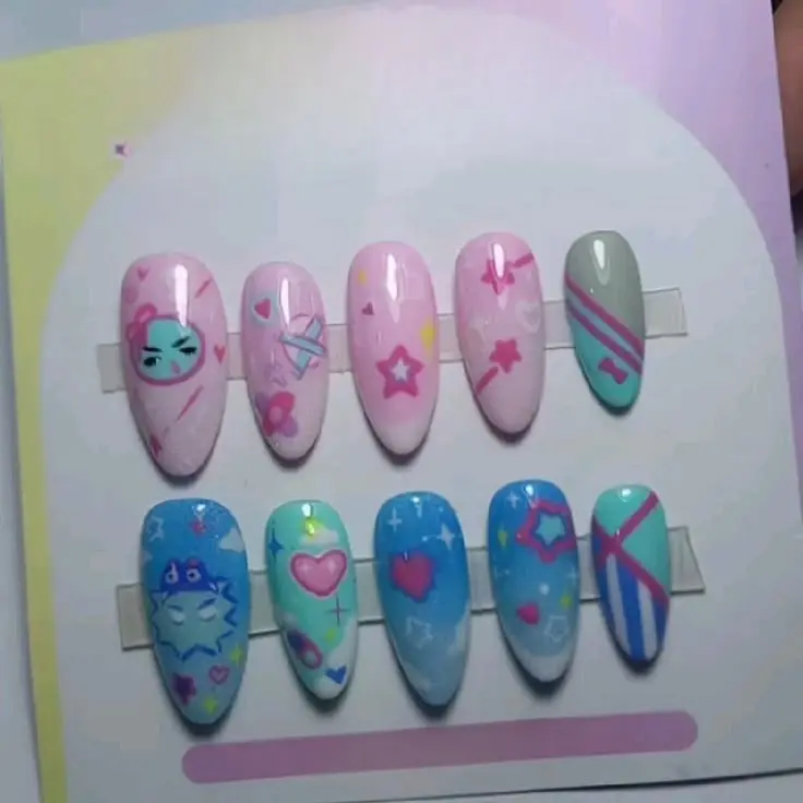 Handmade Y2K Anime Press On Nails, Colorful Character Face Star Nail Art, Glossy Gradient Kawaii False Nails, Cute Cartoon Nail Set, Hand Painted Acrylic Nails | Gift Set (Adhesive Tabs, Nail File, Cuticle Stick)