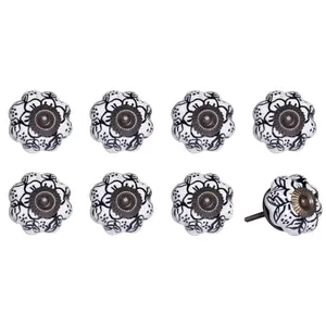 212 MAIN Round Knob Design Black & White Ceramic-Metal Drawer Pull Knobs (Set of 8, 1.5x1.5 in) - Drawer Cabinet Accent, Flower Botanical Artisan Craft, Traditional Large Appliance Parts & Accessories