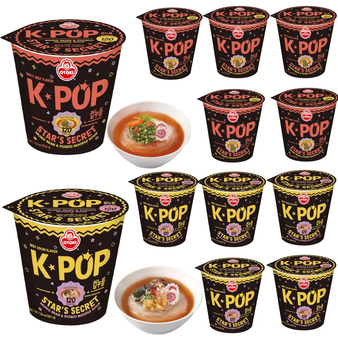 OTTOGI K-Pop Star's Secret 6-Pack: Low Calorie Korean Glass Noodle Soup (Spicy Beef & Beef Udon Flavor ) - 1.33oz Cup, Non-Fried Healthy Instant Meal Food