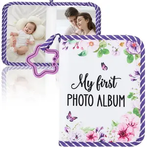 Baby photo album, children's growth memory book, purple floral design, with mirror, hanging photo frame, gift
