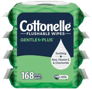 Cottonelle GentlePlus Flushable Wet Wipes with Aloe & Vitamin E, 4 Flip-Top Packs, 42 Wipes Per Pack (168 Total Wipes), Packaging May Vary