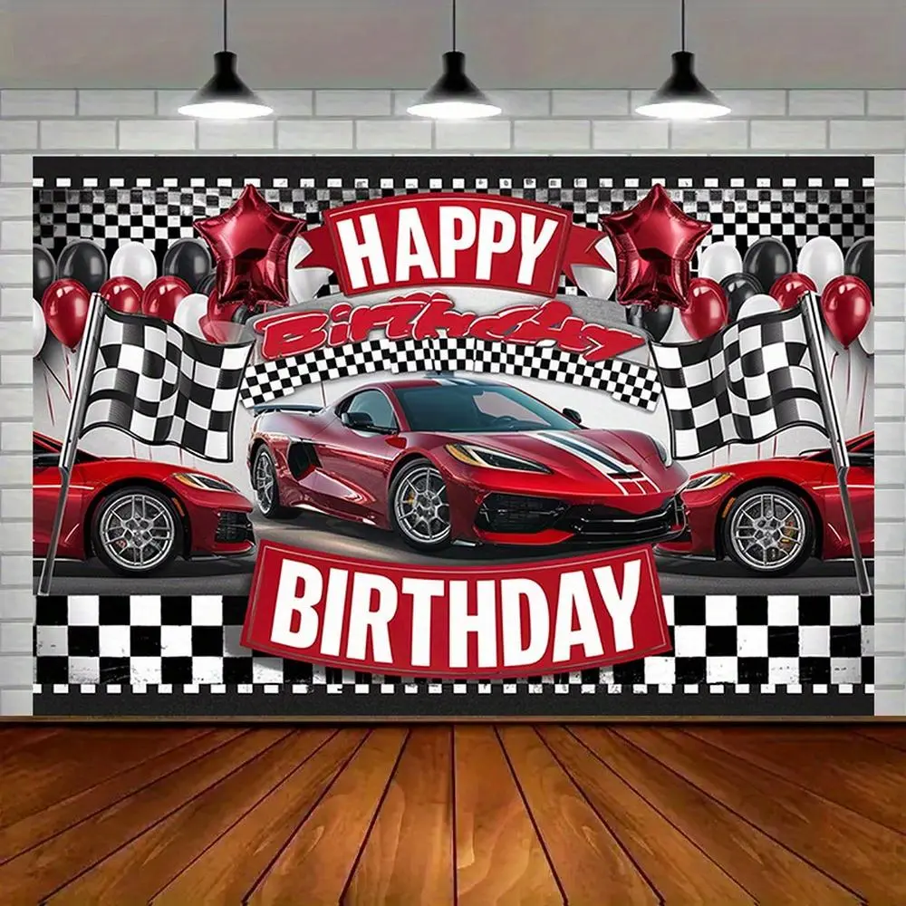 1pc Glam Polyester Racing-Themed Graphic Throw - Soft Texture, Durable, Vibrant Red Sports Cars, Checkered Flag Design, Festive Balloons Included, Wall-Mounted Home & Party Wall Decor Background