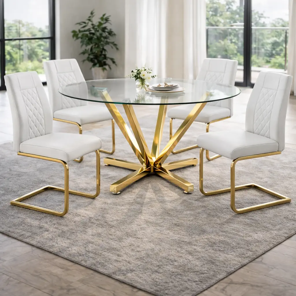 45.3" Round Tempered Glass Dining Table with Gold Metal Legs, Modern Kitchen Table for 4-6 People, Space-Saving Design for Living Room Dining Room, Easy Assembly