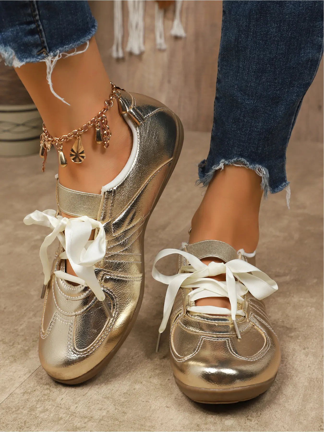 New metal powder sweet cool style German training shoes for women, satin ribbon butterfly knot Forrest Gump shoes, retro versatile flat casual shoes Walking Shoes