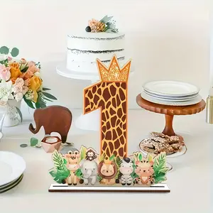 1st Birthday Jungle Adventure Theme Decor, Wooden Giraffe '1' and Fun Forest Animals with Crown, Perfect for Party Celebrations, Decoration