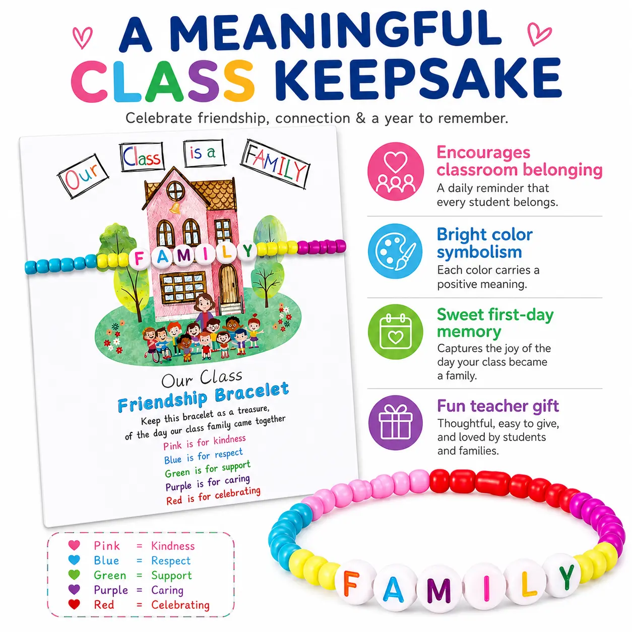 Unisex Plastic Bead Class Family Bracelet Set - 1 Size, Includes Card & Welcome First Day Bags, Back-to-School Indoor Recreation Gifts for Kindergarten-Elementary Students, One Size, Plastic Beads